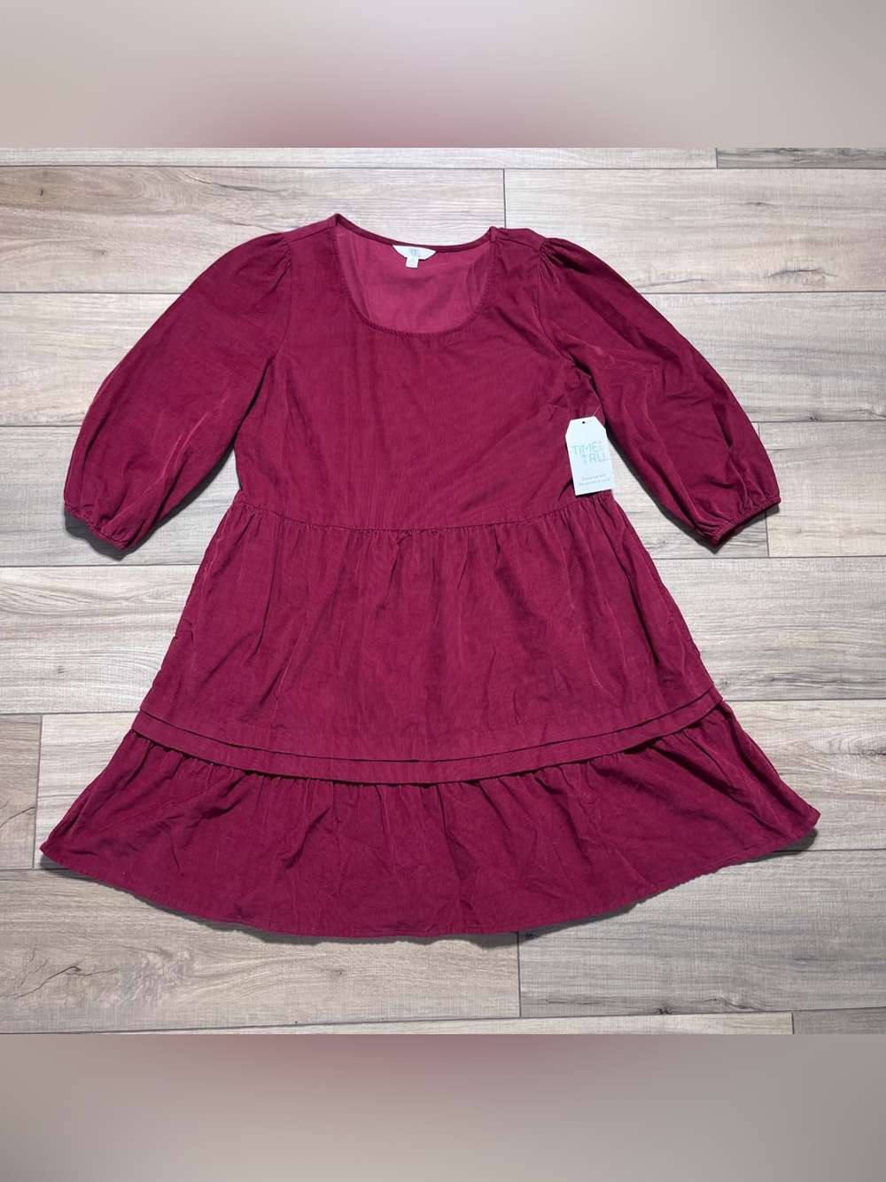 Time & Tru Womens Corduroy 3/4 Sleeve Tiered Midi Dress Size M (8-10) Red